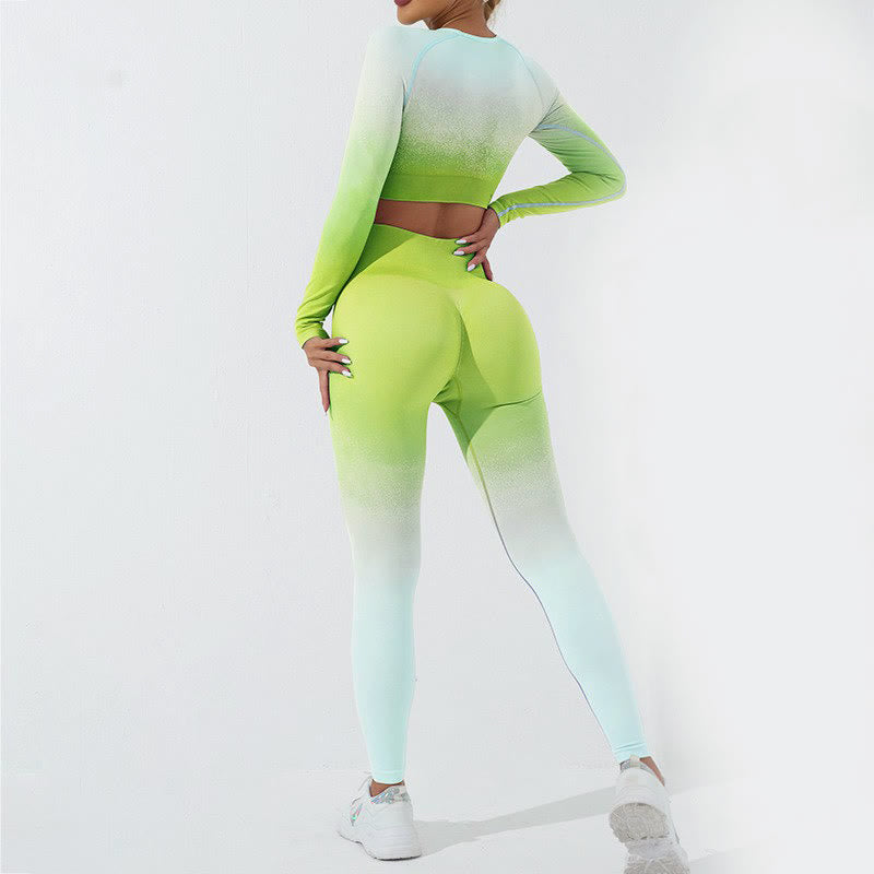 Buddha Stones Farbverlauf Langarm Crop Top T-Shirt BH Leggings Hose Fitness Yoga Outfit - image 39