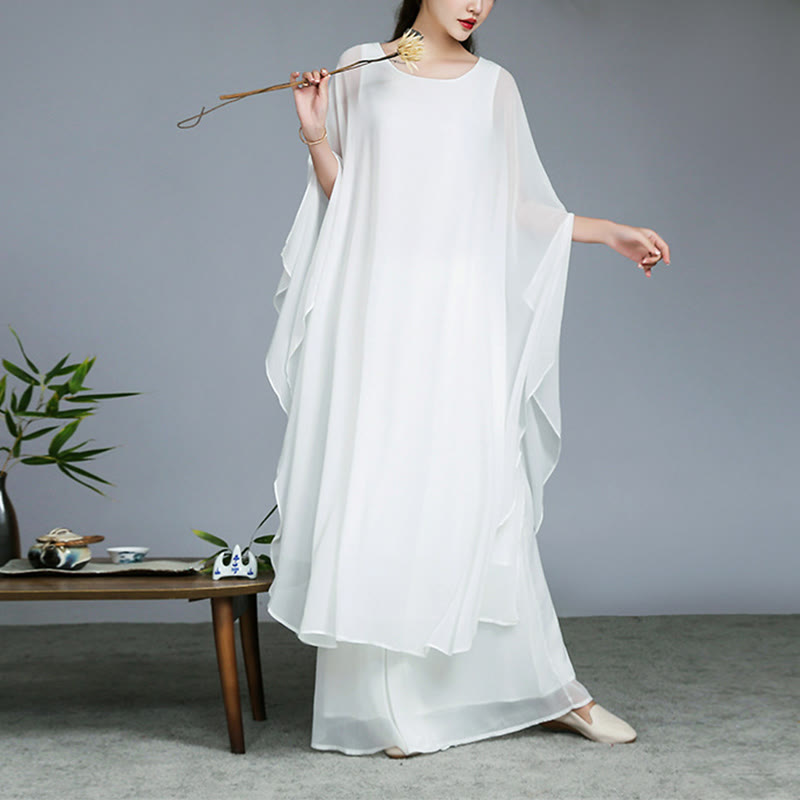Buddha-Steine, einfaches Muster, Midikleid, weite Hose, Meditation, spirituelle Zen-Praxis, Yoga, Tanzkleidung - Weiß - 2-teilig (Kleid & Hose) - US 8-10, UK/AU 12-14, EU 40-42 (2XL) - image 0