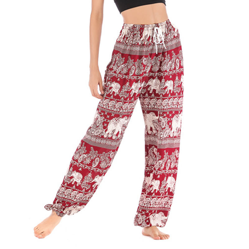 Buddha Stones Boho Lockere Haremshose mit Elefantenmuster für Damen, Yogahose - Rot-US2-8/10， UK/AU6-12/14，EU34-40/42 (F) - image 1