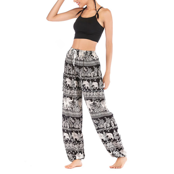 Buddha Stones Boho Lockere Haremshose mit Elefantenmuster für Damen, Yogahose