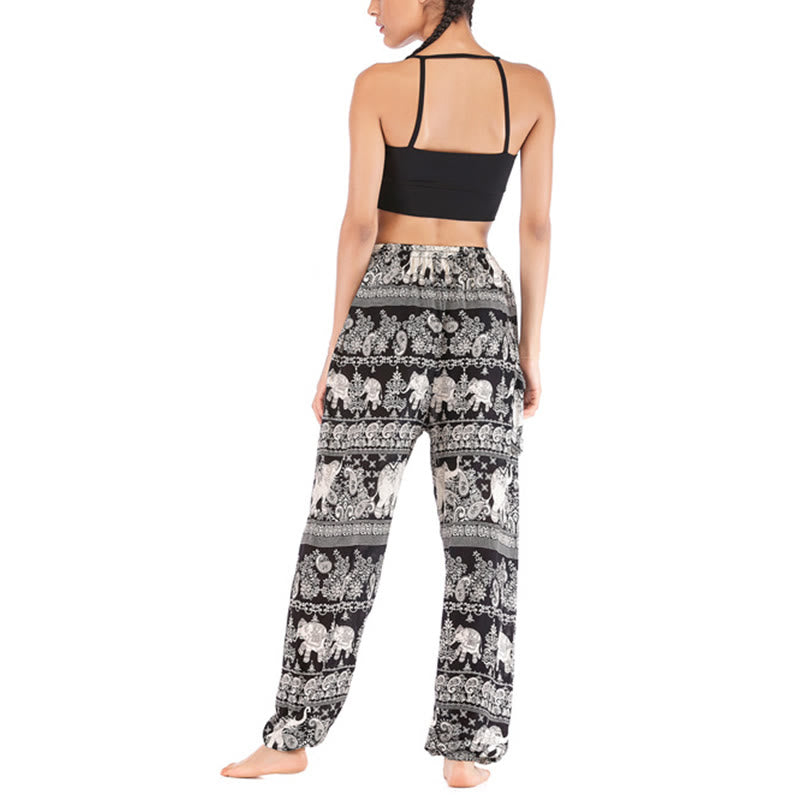 Buddha Stones Boho Lockere Haremshose mit Elefantenmuster für Damen, Yogahose