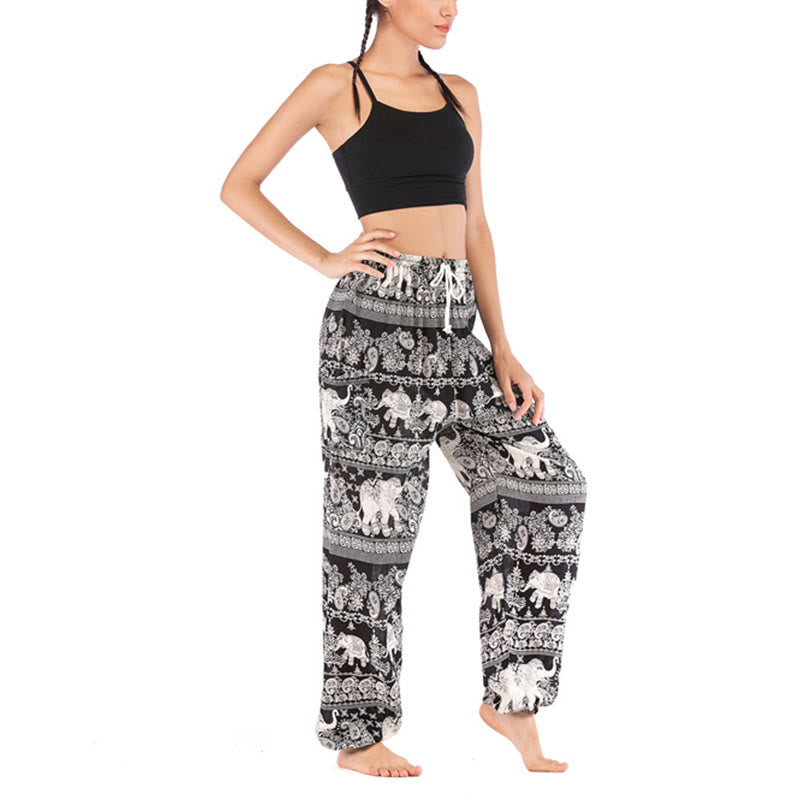 Buddha Stones Boho Lockere Haremshose mit Elefantenmuster für Damen, Yogahose