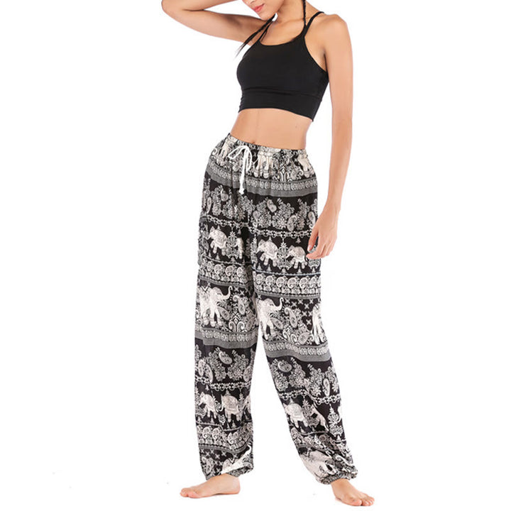 Buddha Stones Boho Lockere Haremshose mit Elefantenmuster für Damen, Yogahose