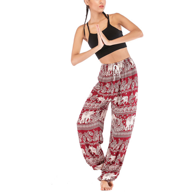 Buddha Stones Boho Lockere Haremshose mit Elefantenmuster für Damen, Yogahose