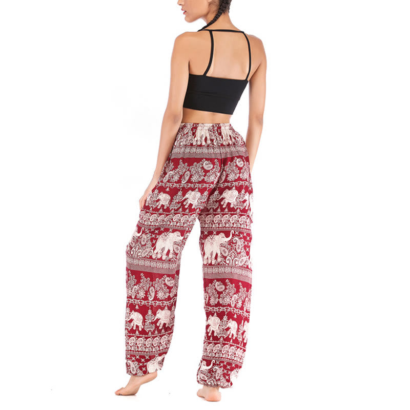 Buddha Stones Boho Lockere Haremshose mit Elefantenmuster für Damen, Yogahose