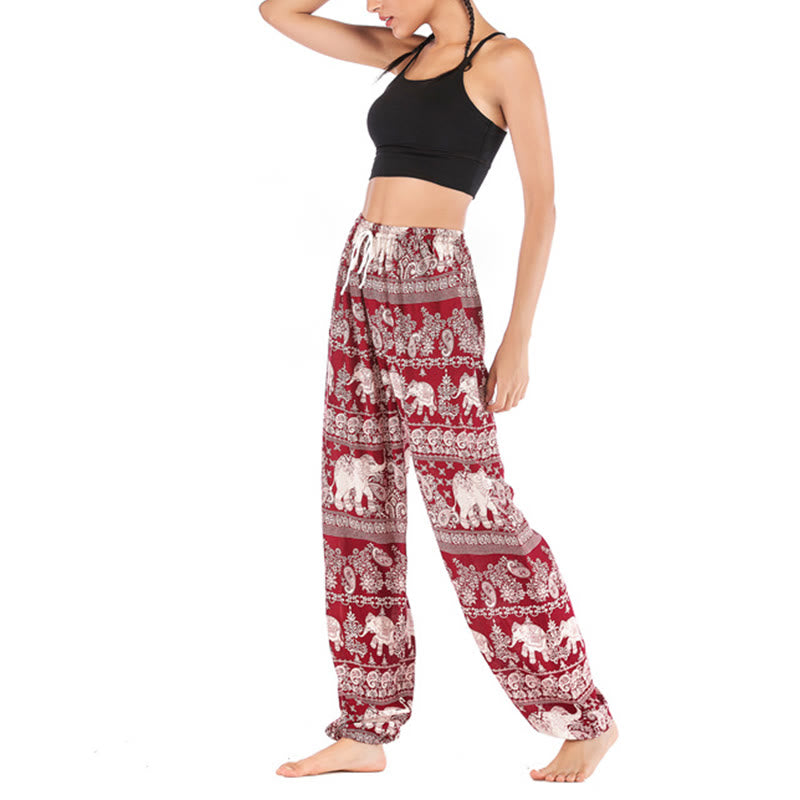 Buddha Stones Boho Lockere Haremshose mit Elefantenmuster für Damen, Yogahose