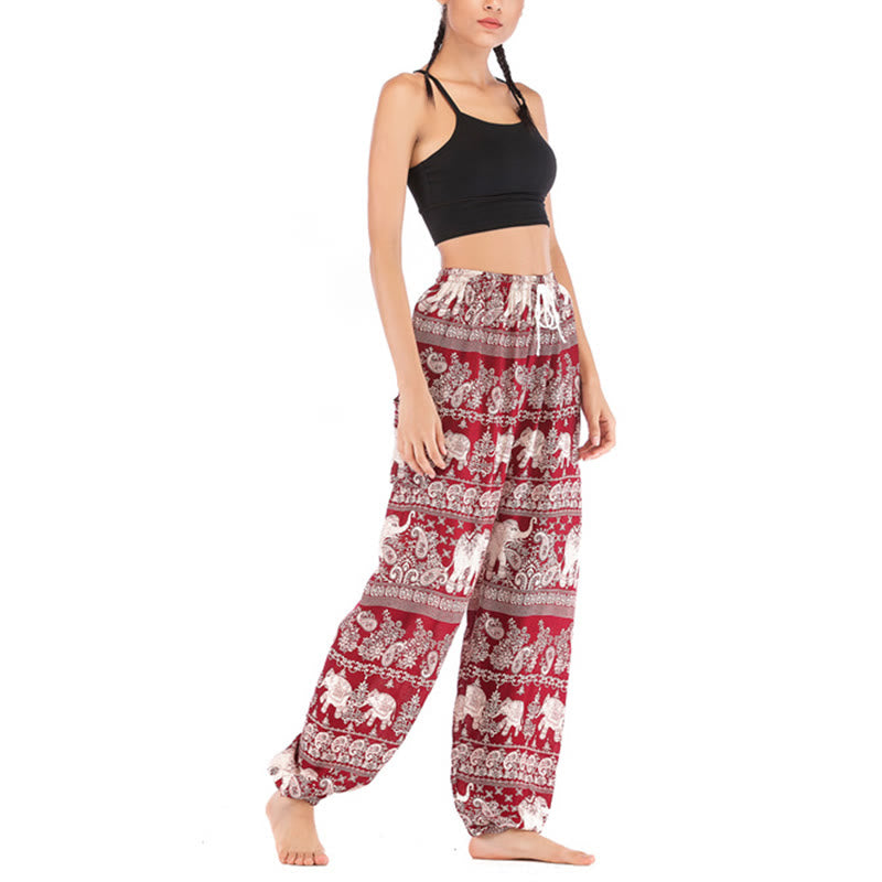 Buddha Stones Boho Lockere Haremshose mit Elefantenmuster für Damen, Yogahose