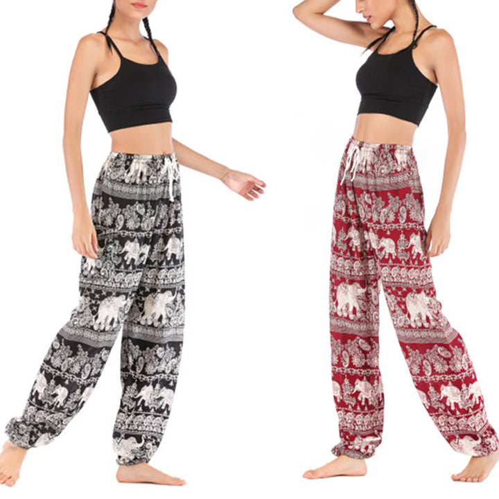 Buddha Stones Boho Lockere Haremshose mit Elefantenmuster für Damen, Yogahose