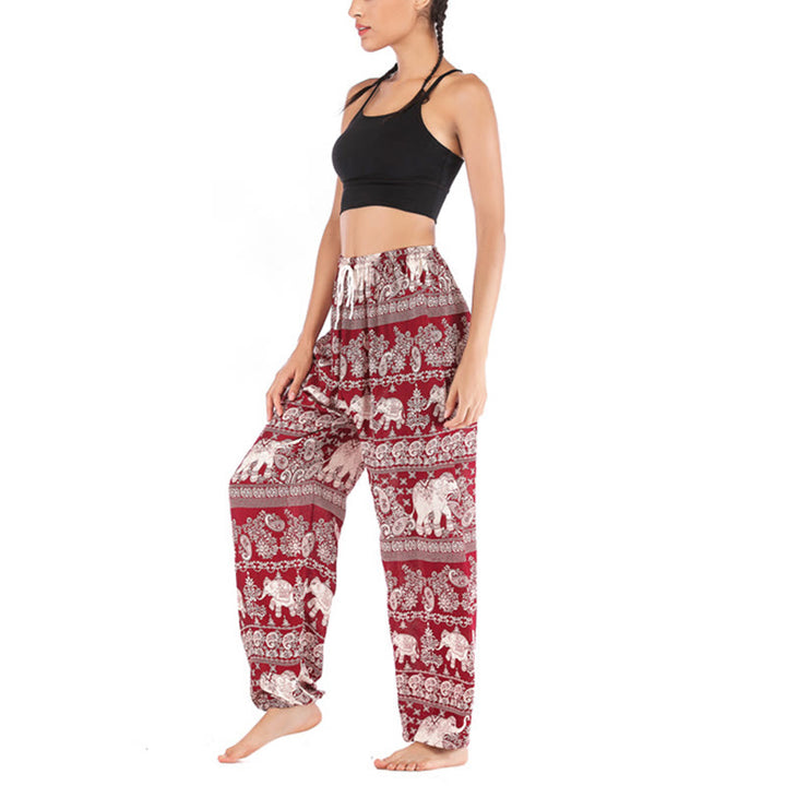 Buddha Stones Boho Lockere Haremshose mit Elefantenmuster für Damen, Yogahose