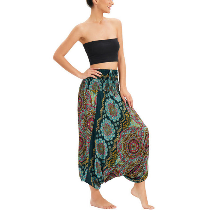 Buddha Stones Zwei Stile Tragen Mandala Blumenmuster Lockere gesmokt Haremshose Overall Hohe Taille Hose