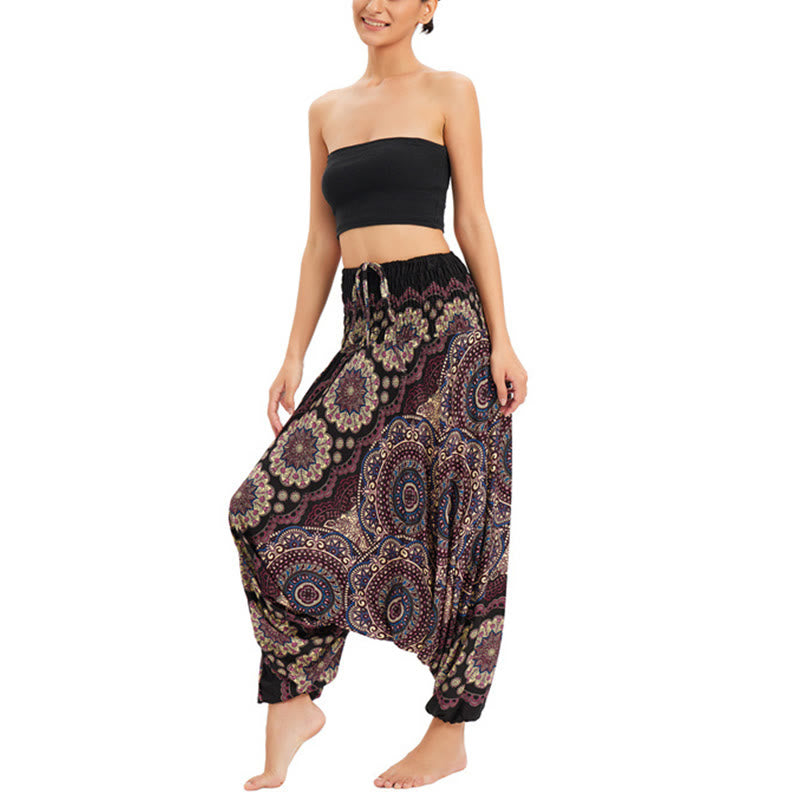 Buddha Stones Zwei Stile Tragen Mandala Blumenmuster Lockere gesmokt Haremshose Overall Hohe Taille Hose