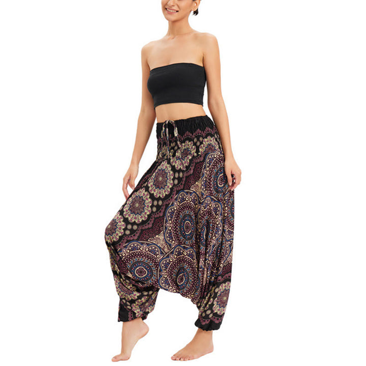Buddha Stones Zwei Stile Tragen Mandala Blumenmuster Lockere gesmokt Haremshose Overall Hohe Taille Hose - Braungold - US2-12， UK/AU6-16，EU34-44 (F) - image 6