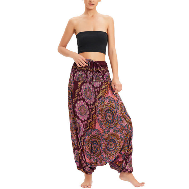 Buddha Stones Zwei Stile Tragen Mandala Blumenmuster Lockere gesmokt Haremshose Overall Hohe Taille Hose