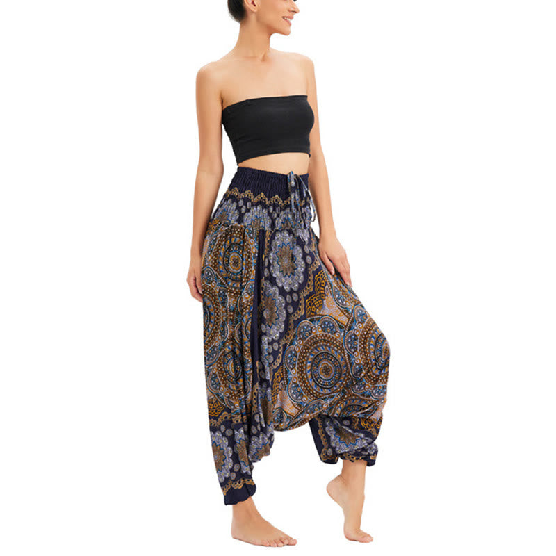 Buddha Stones Zwei Stile Tragen Mandala Blumenmuster Lockere gesmokt Haremshose Overall Hohe Taille Hose