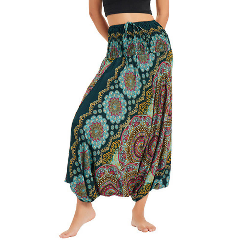Buddha Stones Zwei Stile Tragen Mandala Blumenmuster Lockere gesmokt Haremshose Overall Hohe Taille Hose - Grün - US2-12， UK/AU6-16，EU34-44 (F) - image 0