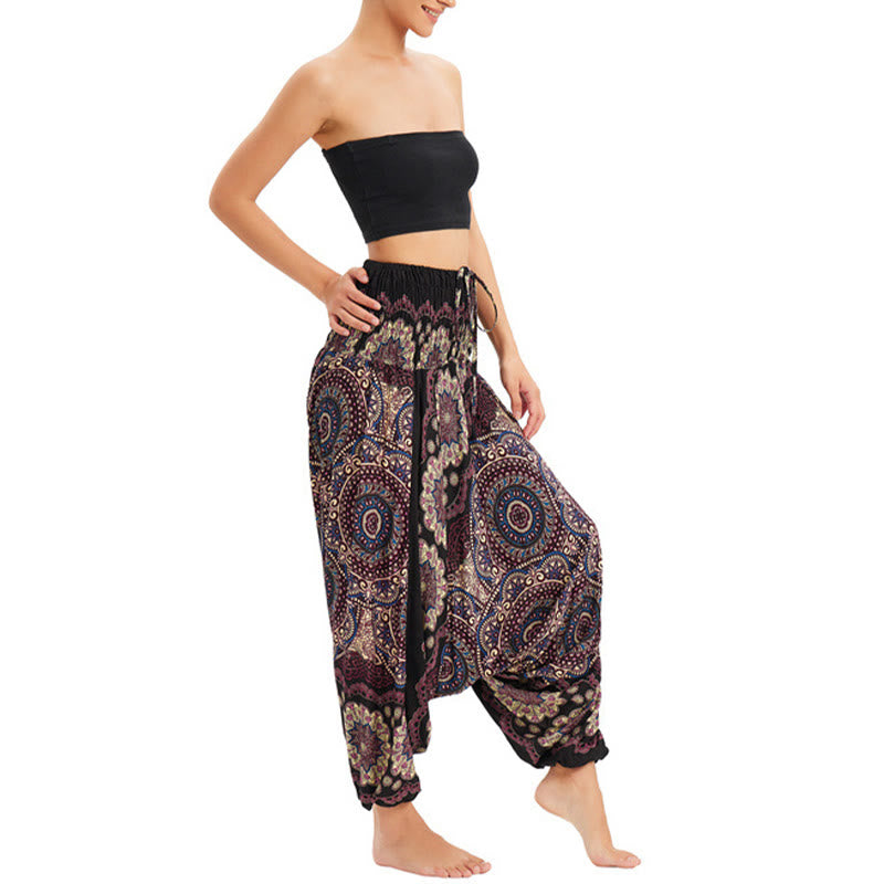 Buddha Stones Zwei Stile Tragen Mandala Blumenmuster Lockere gesmokt Haremshose Overall Hohe Taille Hose