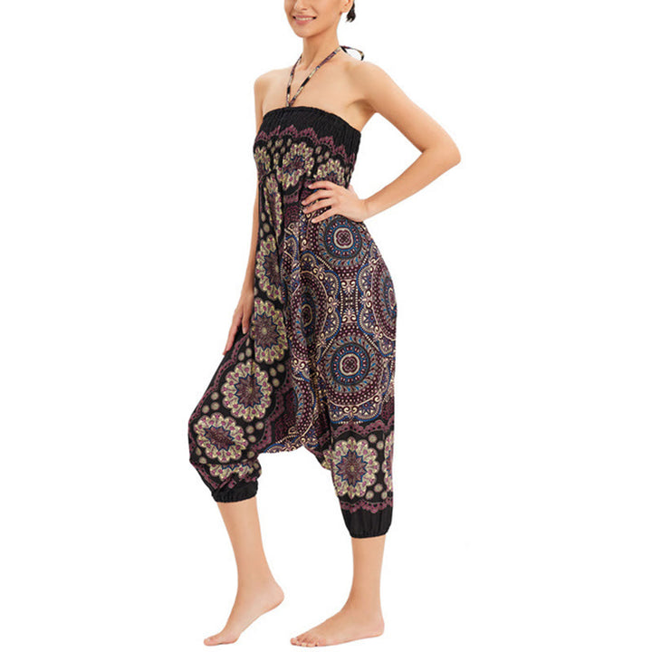 Buddha Stones Zwei Stile Tragen Mandala Blumenmuster Lockere gesmokt Haremshose Overall Hohe Taille Hose