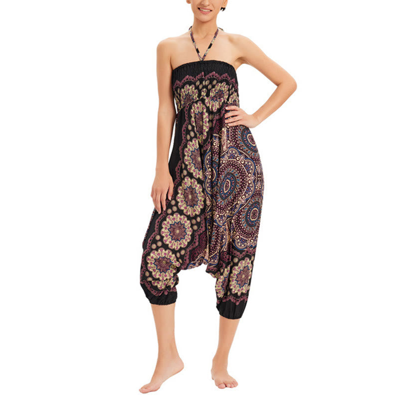 Buddha Stones Zwei Stile Tragen Mandala Blumenmuster Lockere gesmokt Haremshose Overall Hohe Taille Hose