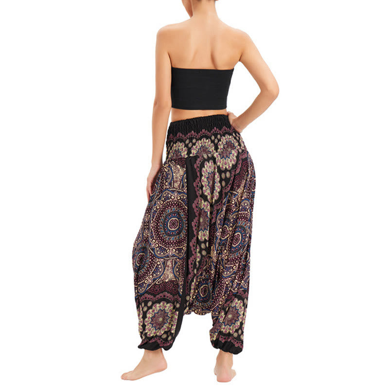 Buddha Stones Zwei Stile Tragen Mandala Blumenmuster Lockere gesmokt Haremshose Overall Hohe Taille Hose