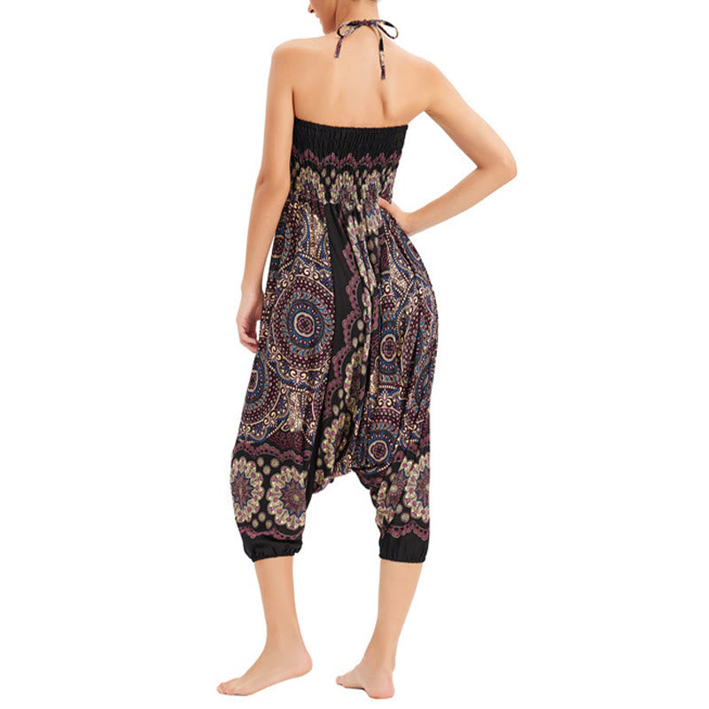 Buddha Stones Zwei Stile Tragen Mandala Blumenmuster Lockere gesmokt Haremshose Overall Hohe Taille Hose