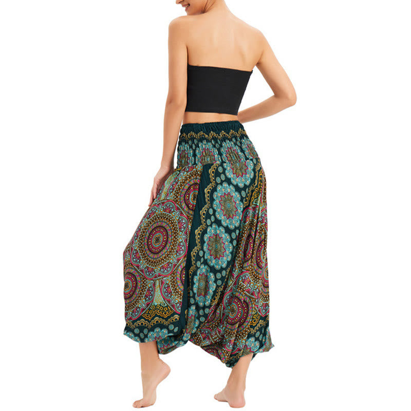 Buddha Stones Zwei Stile Tragen Mandala Blumenmuster Lockere gesmokt Haremshose Overall Hohe Taille Hose