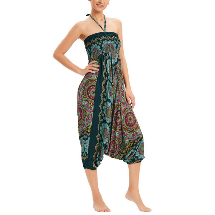 Buddha Stones Zwei Stile Tragen Mandala Blumenmuster Lockere gesmokt Haremshose Overall Hohe Taille Hose