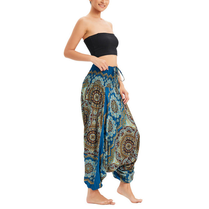 Buddha Stones Zwei Stile Tragen Mandala Blumenmuster Lockere gesmokt Haremshose Overall Hohe Taille Hose