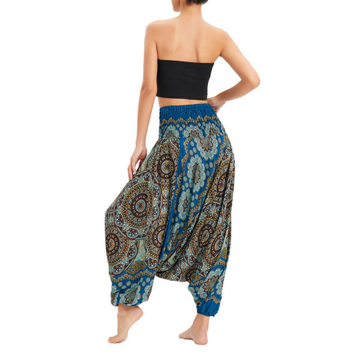 Buddha Stones Zwei Stile Tragen Mandala Blumenmuster Lockere gesmokt Haremshose Overall Hohe Taille Hose