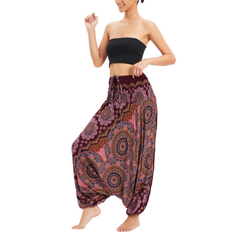 Buddha Stones Zwei Stile Tragen Mandala Blumenmuster Lockere gesmokt Haremshose Overall Hohe Taille Hose