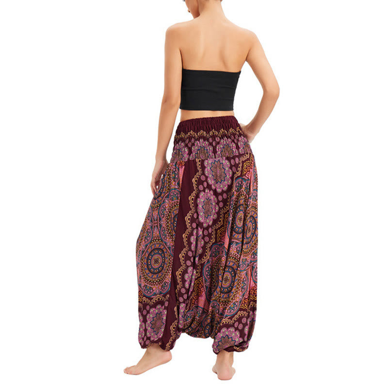 Buddha Stones Zwei Stile Tragen Mandala Blumenmuster Lockere gesmokt Haremshose Overall Hohe Taille Hose