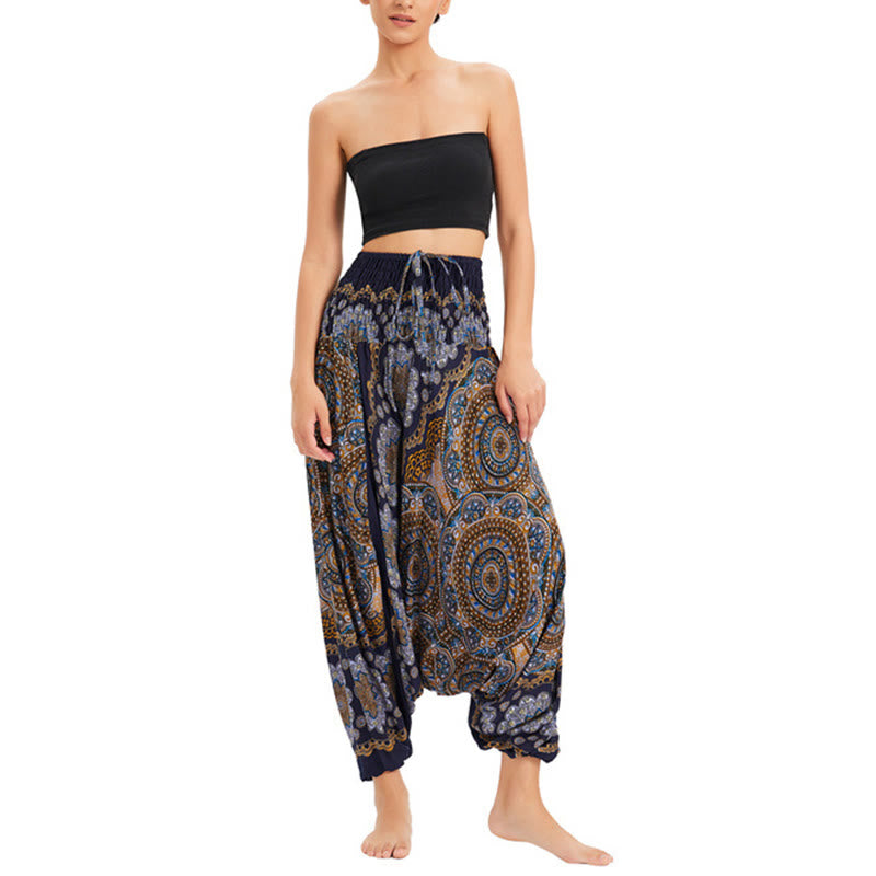 Buddha Stones Zwei Stile Tragen Mandala Blumenmuster Lockere gesmokt Haremshose Overall Hohe Taille Hose