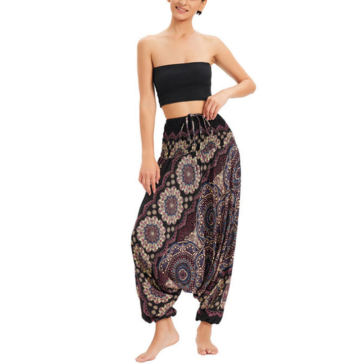 Buddha Stones Zwei Stile Tragen Mandala Blumenmuster Lockere gesmokt Haremshose Overall Hohe Taille Hose