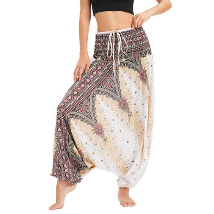Buddha Stones Zwei Stile Tragen Pfauenfeder Lockere gesmokt Haremshose Overall Hohe Taille Hose - Beige-US2-12， UK/AU6-16，EU34-44 (F) - image 0