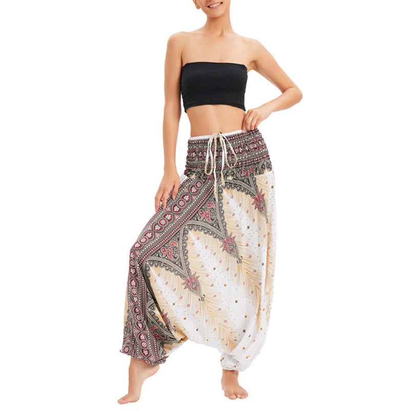 Buddha Stones Zwei Stile Tragen Pfauenfeder Lockere gesmokt Haremshose Overall Hohe Taille Hose