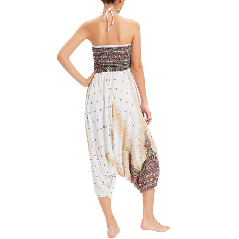 Buddha Stones Zwei Stile Tragen Pfauenfeder Lockere gesmokt Haremshose Overall Hohe Taille Hose