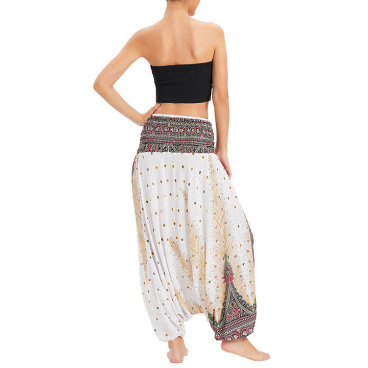 Buddha Stones Zwei Stile Tragen Pfauenfeder Lockere gesmokt Haremshose Overall Hohe Taille Hose - image 3