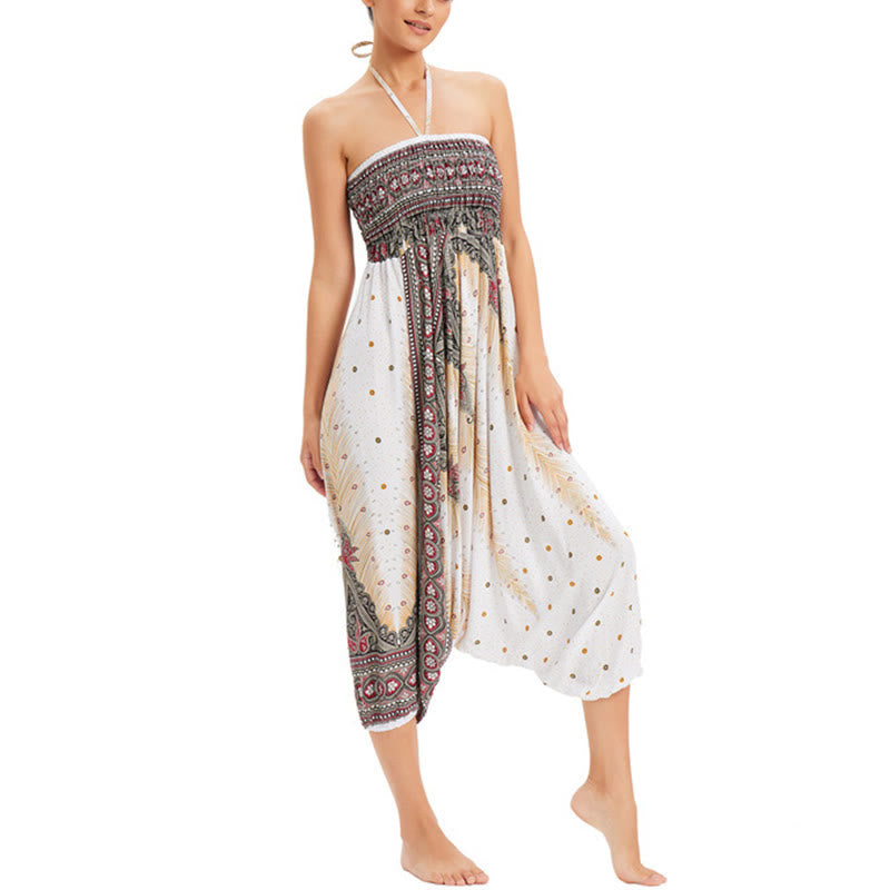 Buddha Stones Zwei Stile Tragen Pfauenfeder Lockere gesmokt Haremshose Overall Hohe Taille Hose - image 4