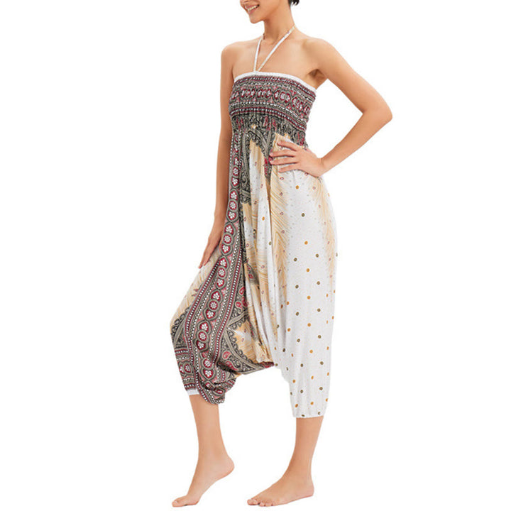 Buddha Stones Zwei Stile Tragen Pfauenfeder Lockere gesmokt Haremshose Overall Hohe Taille Hose - image 5