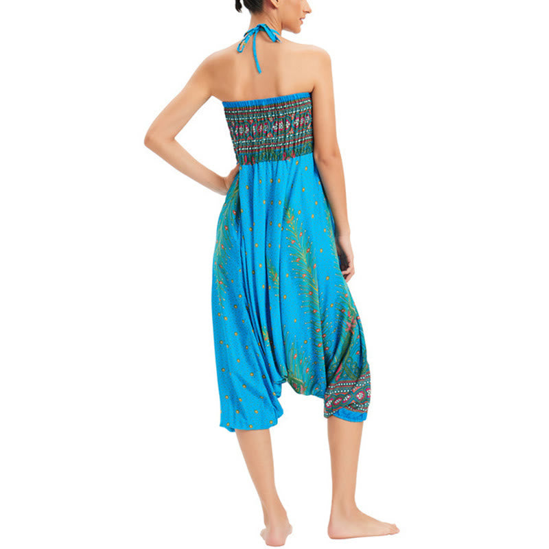 Buddha Stones Zwei Stile Tragen Pfauenfeder Lockere gesmokt Haremshose Overall Hohe Taille Hose