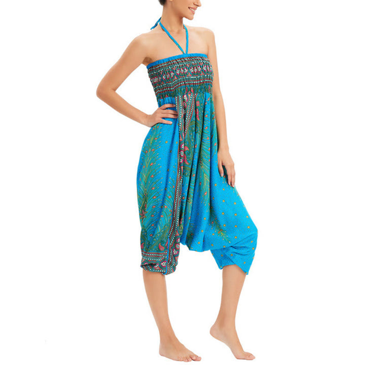 Buddha Stones Zwei Stile Tragen Pfauenfeder Lockere gesmokt Haremshose Overall Hohe Taille Hose