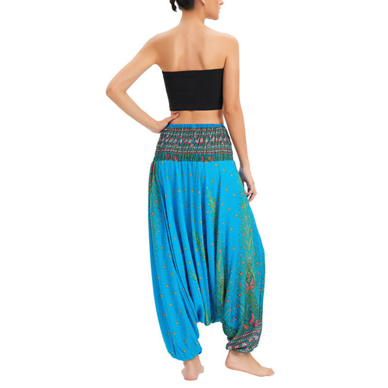 Buddha Stones Zwei Stile Tragen Pfauenfeder Lockere gesmokt Haremshose Overall Hohe Taille Hose