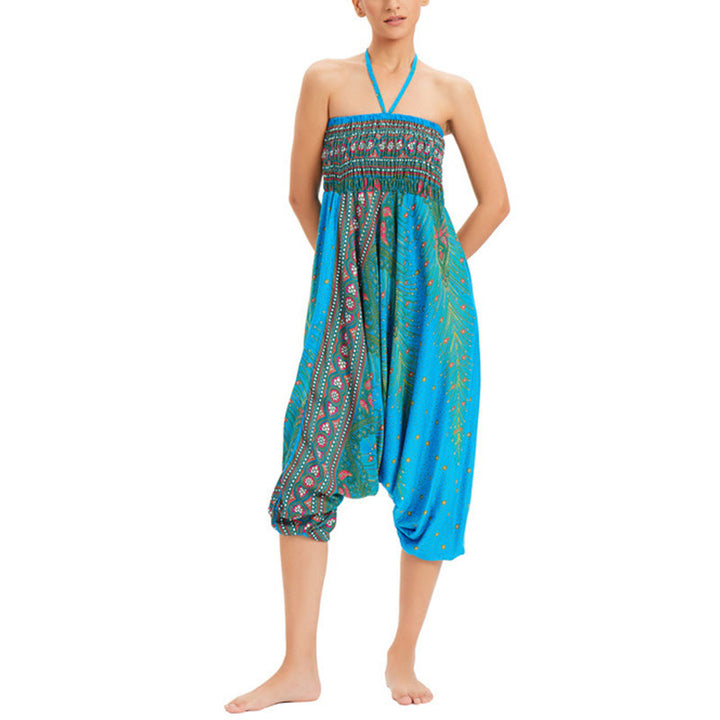 Buddha Stones Zwei Stile Tragen Pfauenfeder Lockere gesmokt Haremshose Overall Hohe Taille Hose