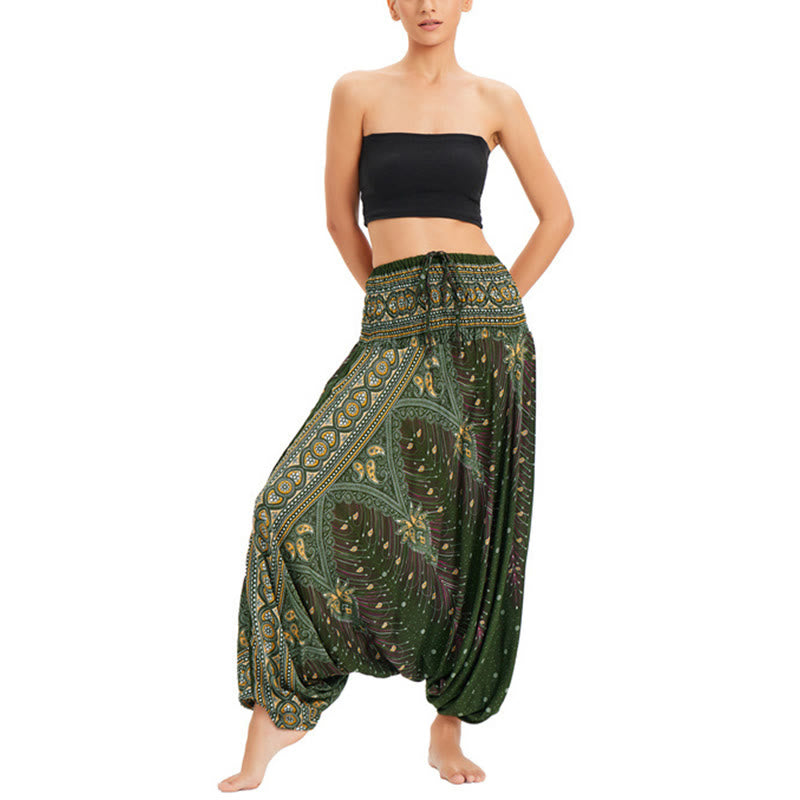 Buddha Stones Zwei Stile Tragen Pfauenfeder Lockere gesmokt Haremshose Overall Hohe Taille Hose - Dunkelgrün-US2-12， UK/AU6-16，EU34-44 (F) - image 13