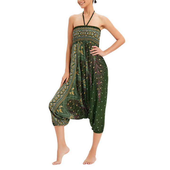 Buddha Stones Zwei Stile Tragen Pfauenfeder Lockere gesmokt Haremshose Overall Hohe Taille Hose