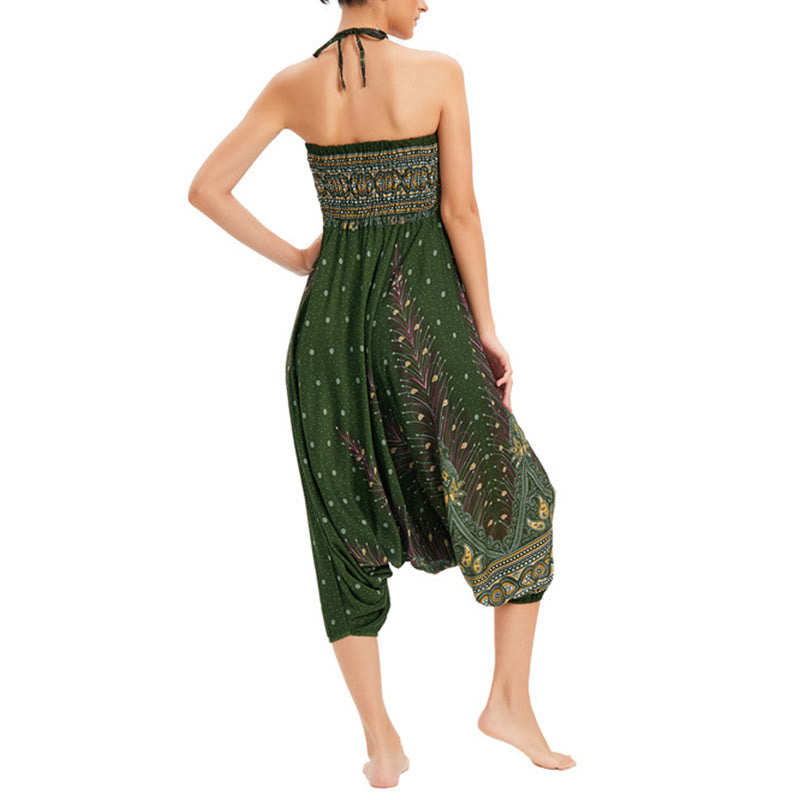 Buddha Stones Zwei Stile Tragen Pfauenfeder Lockere gesmokt Haremshose Overall Hohe Taille Hose