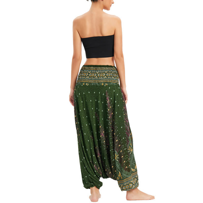 Buddha Stones Zwei Stile Tragen Pfauenfeder Lockere gesmokt Haremshose Overall Hohe Taille Hose