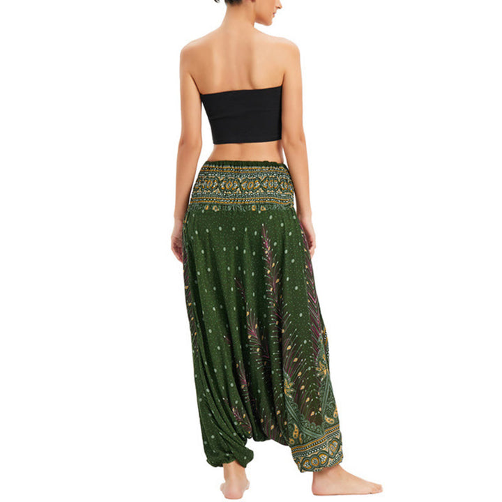 Buddha Stones Zwei Stile Tragen Pfauenfeder Lockere gesmokt Haremshose Overall Hohe Taille Hose - image 15