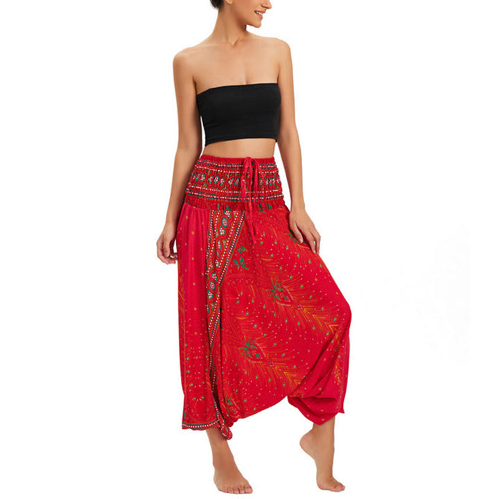 Buddha Stones Zwei Stile Tragen Pfauenfeder Lockere gesmokt Haremshose Overall Hohe Taille Hose - Rot-US2-12， UK/AU6-16，EU34-44 (F) - image 19