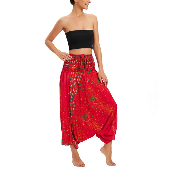 Buddha Stones Zwei Stile Tragen Pfauenfeder Lockere gesmokt Haremshose Overall Hohe Taille Hose - image 20