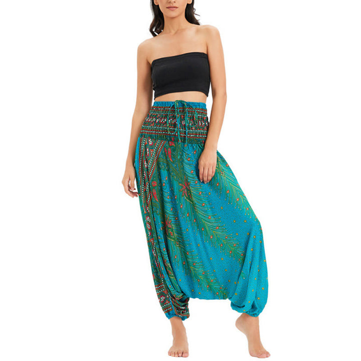 Buddha Stones Zwei Stile Tragen Pfauenfeder Lockere gesmokt Haremshose Overall Hohe Taille Hose